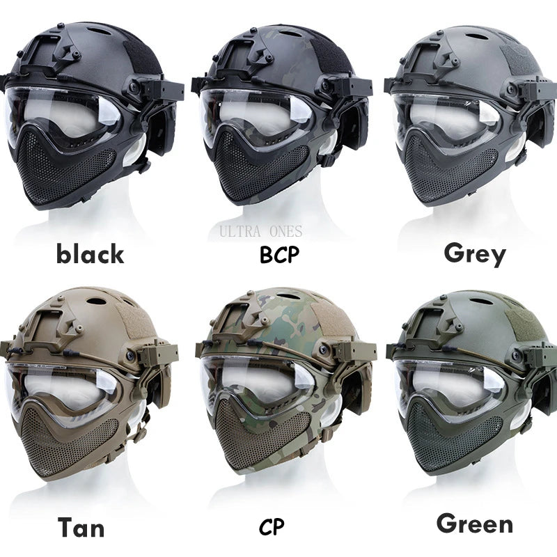 Tactical Helmet + Mask + Goggle Sets Airsoft Shooting FAST PJ Helmets Wargame Cs Paintball Full Face Protection