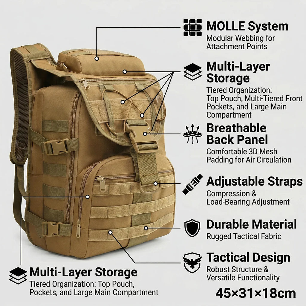 35L Gym Training Backpack for Men with MOLLE System & Smooth Zipper, Tactical Fitness Rucksack for Weightlifting CrossFit Cardio Workout Equipment Storage