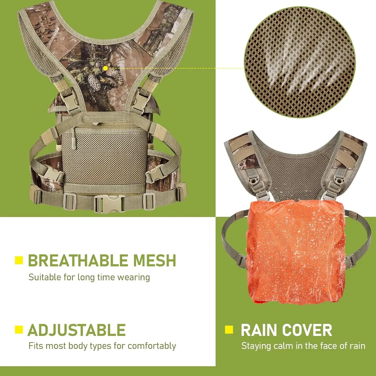 Wild Cedar Binocular Harness Chest Pack with Rangefinder Pouch, Bino Harness with Rain Cover for Bird Watching, Hunting, Hiking