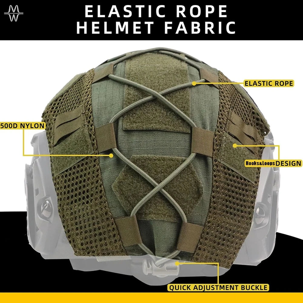 Tactical Camo Helmet Cover With Mesh Pouch & Elastic Cord Compatible FAST Helmet For Shooting Paintball Hunting Outdoor Gear