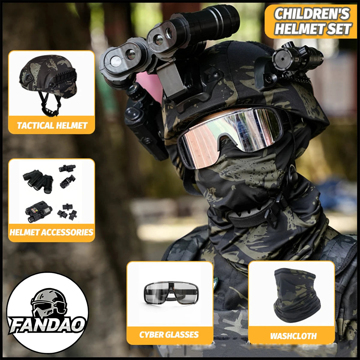 Children's Tactical Helmet Set Outdoor CS Game Special Forces Combat Helmet with Night Vision Goggles Model Laser Flashlight