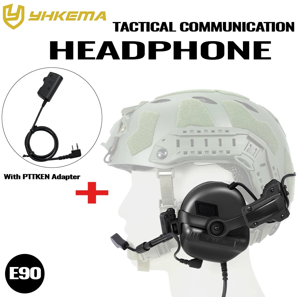 YHKEMA E90 Tactical Shooting Headset Fast Helmet Mounted Earmuffs Hunting Training Communication Headset with PTT Adapter