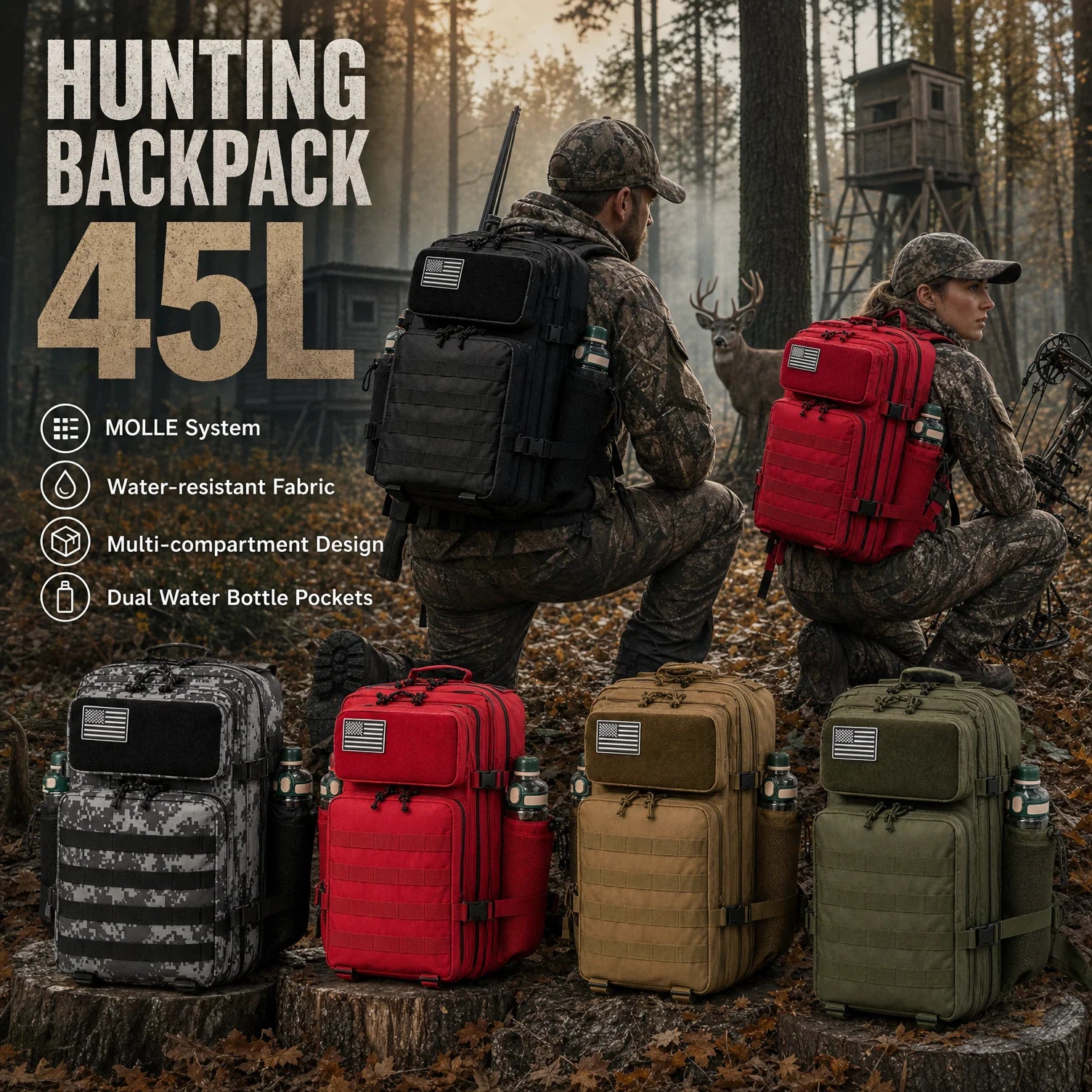 45L Large Tactical Hunting Backpack Shooting Rucksack with Dual Water Bottle Holders Outdoor Camo Hunting Gear Storage Backpack Survival Equipment Bag for Wild Shooting Hunting Trip Hiking Trekking Travel Sports EDC Daily Use Unisex Hunter Daypack