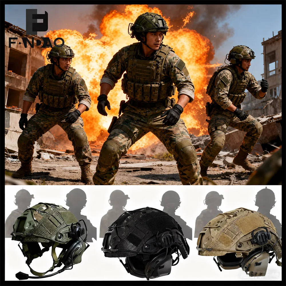 Airsoft FAST Helmet Set with Tactical Communication Headset Camo Helmet Cover Hunting Paintball CS Game Protection Accessories