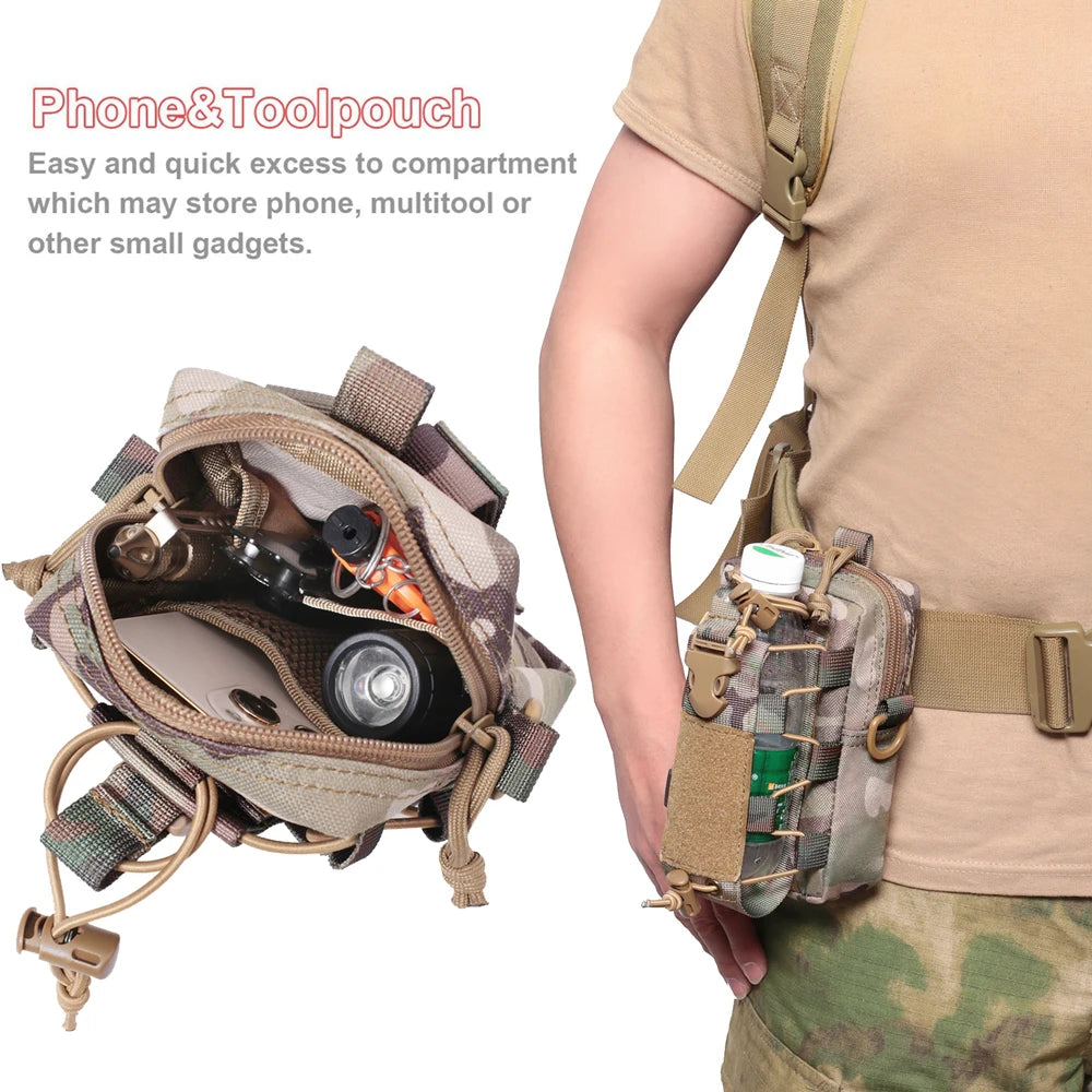 Molle Tactical Pouch Phone Holder Water Bottle Carrier for Camping Hiking Hunting Belt Waist Pouch with Shoulder Strap