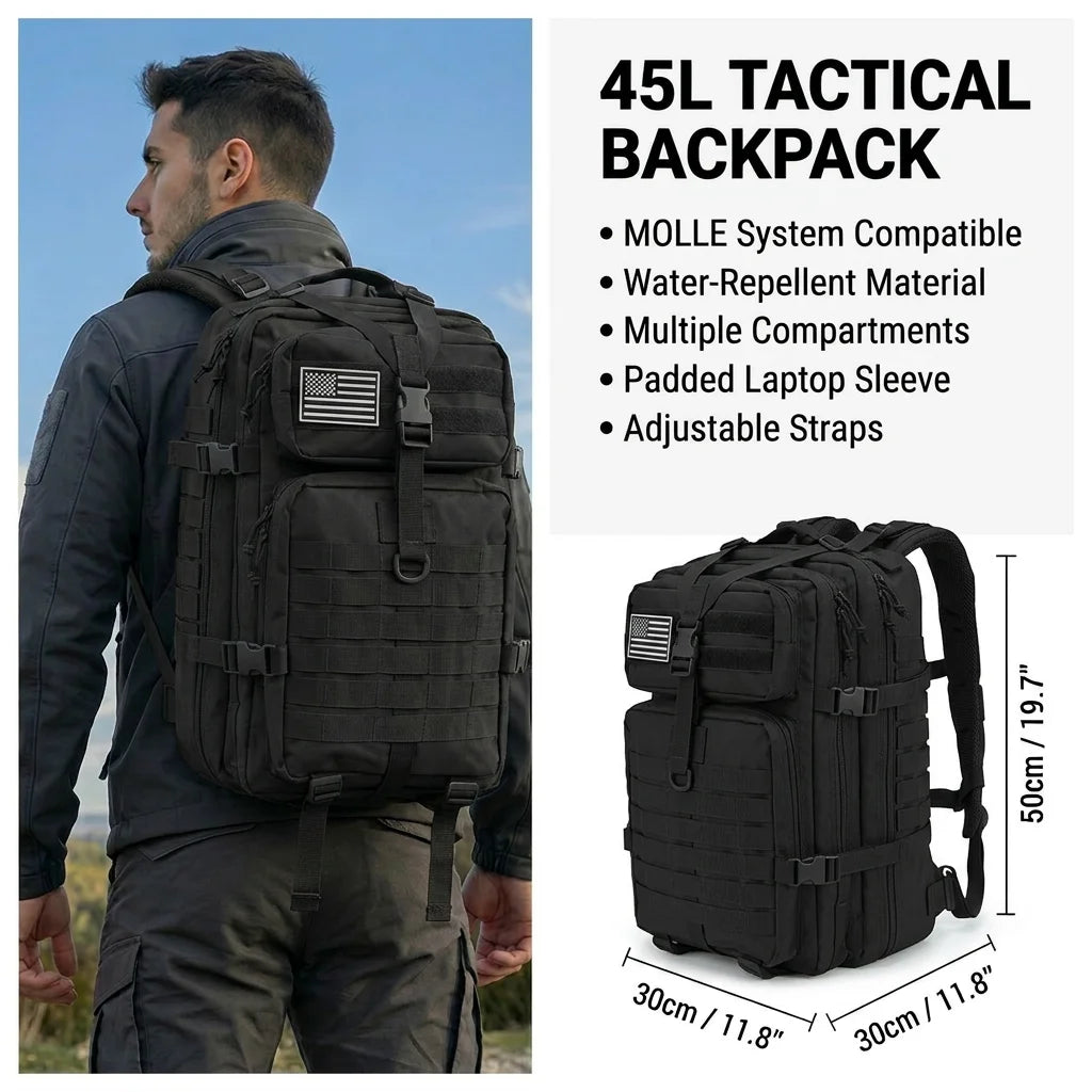 45L Tactical Gym Backpack Molle Water Resistant Sports Bag Large Capacity Training Fitness Workout Pack Men Women Travel Hiking Camping Rucksack Durable Multi Pocket Basketball Football Yoga Shoes Bag Weekend Trip Duffel Daypack Athletes Wear Resistant