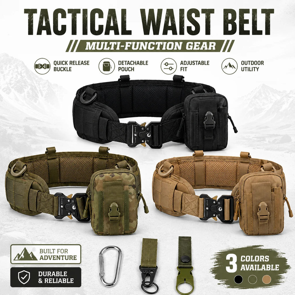 Tactical Waist Belt with Detachable Pouch Quick Release Buckle Outdoor Utility Gear for Hiking Camping Fishing Military Training