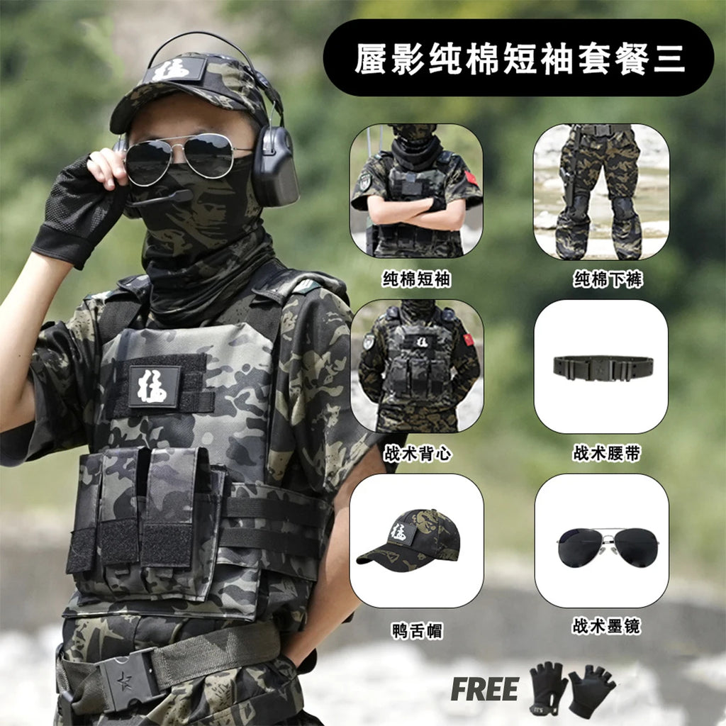 Kid's Camouflage Set with Tactical Helmet Gear Accessories for Airgun Paintball Shooting Special Forces Children's Training Suit