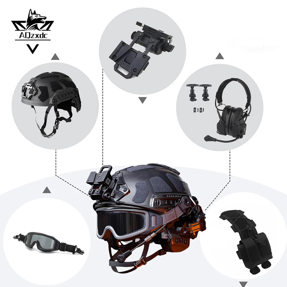 Tactical Helmet Set FAST Adjustable Protective Gear with Counterweight Pouch Shooting Headset for Airsoft Cosplay Military Gear