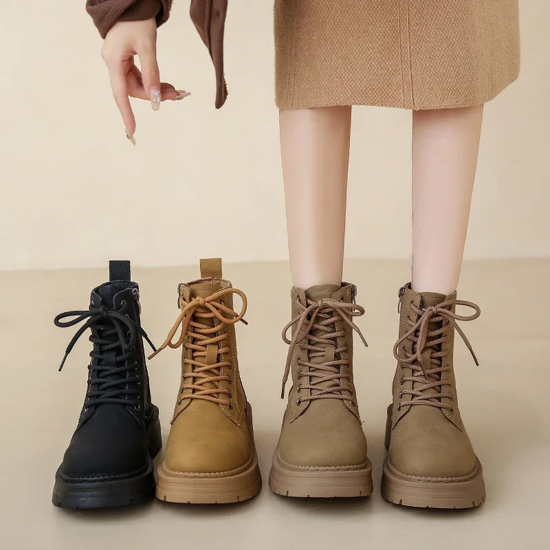 Crestar Women's Fashion Boots Retro Leather Ankle Boots Women Luxury Soft Sole Short Boots New Platform Non-slip Round Toe Boots
