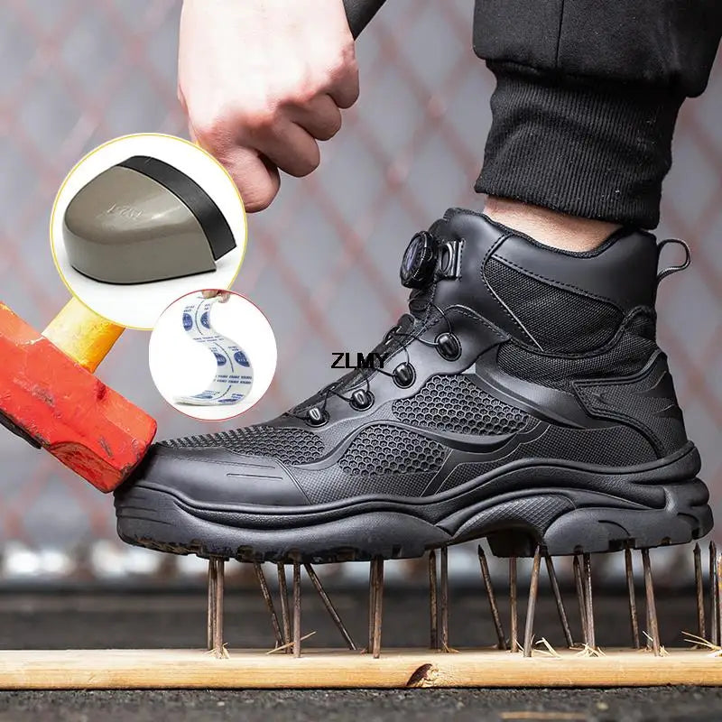 Rotated Buckle Men's Work Safety Boots Steel Toe Safety Shoes Anti-smash Anti-stab Sneaker Men High Top Rubber Safety Work Boots