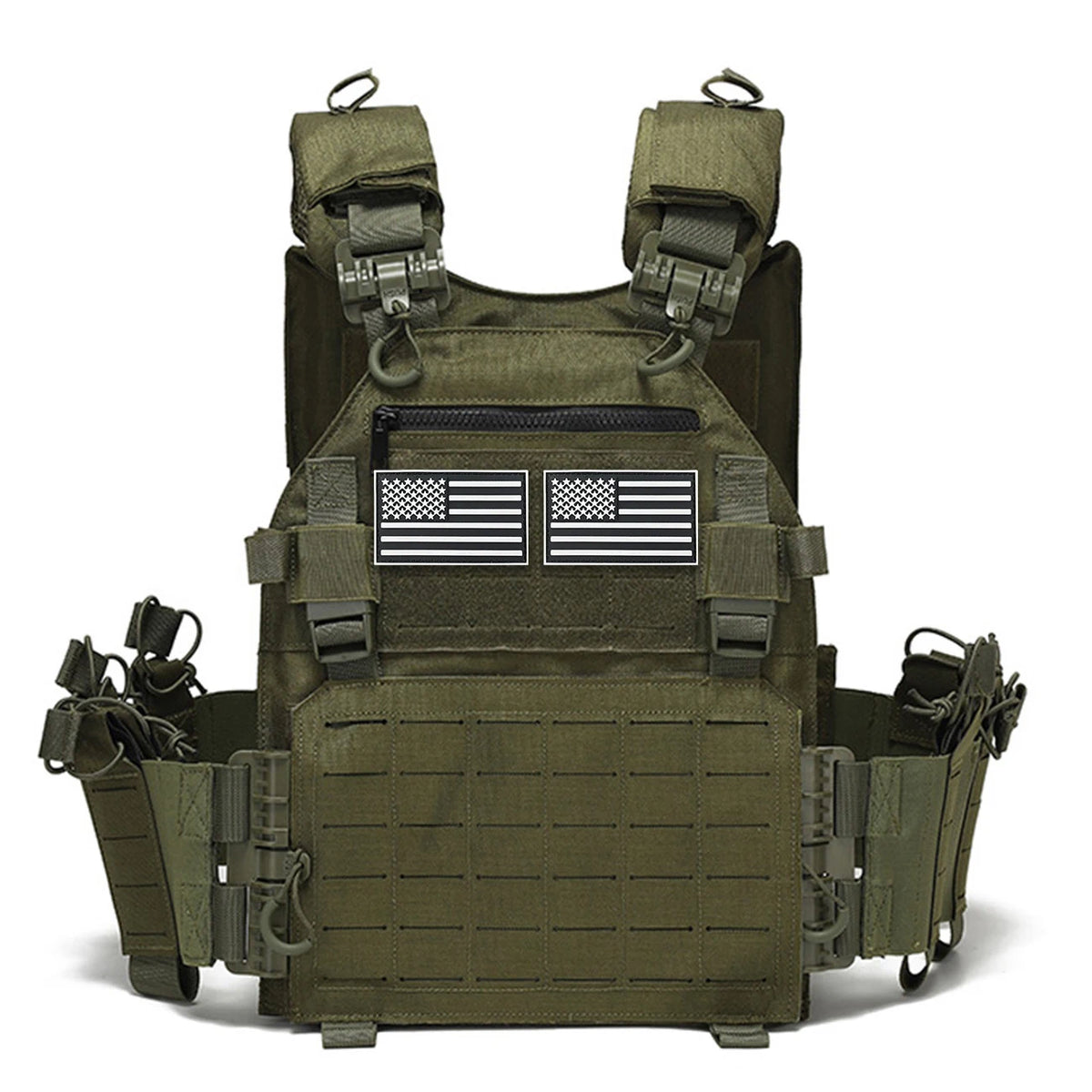 Molle quick release hunting vest with adjustable shoulder straps and waist circumference, equipped with multiple device bags