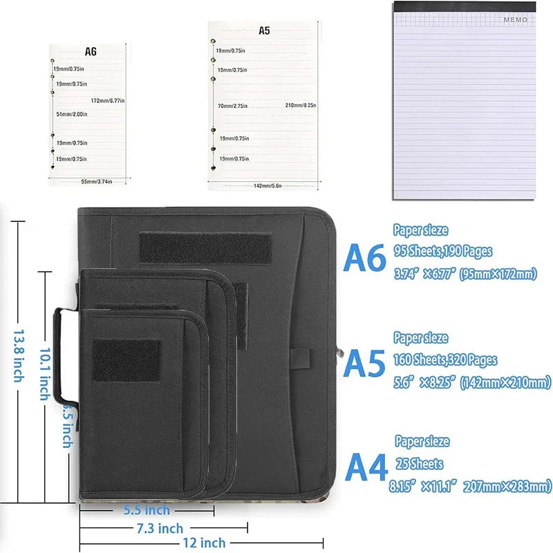 A4 A5 A6 Multicam Camo Tactical Notebook with Zippered Padfolio Ring Binder Loose-Leaf Paper Weatherproof Notepad