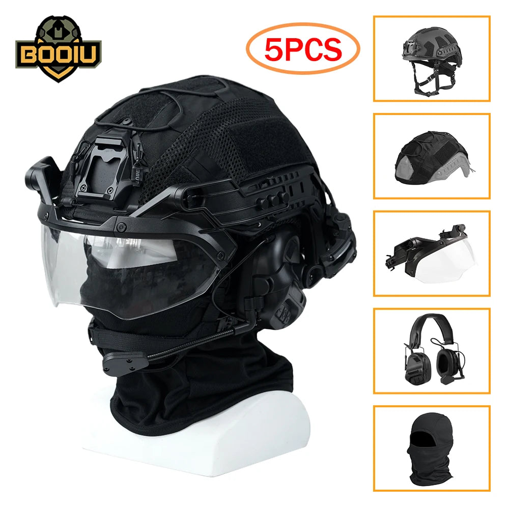 BOOIU FRP FAST Tactical Helmet 5PCS Kit Helmet Cover Noise Reduction Headset Goggles Balaclava Airsoft Shooting Hunting Gear