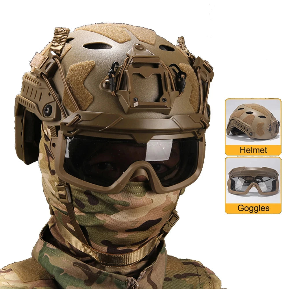 Tactical Airsoft Helmet Set with Headset Mask Night vision Goggles Battery Pouch Signal Lights For Hunting CS Paintball Shooting