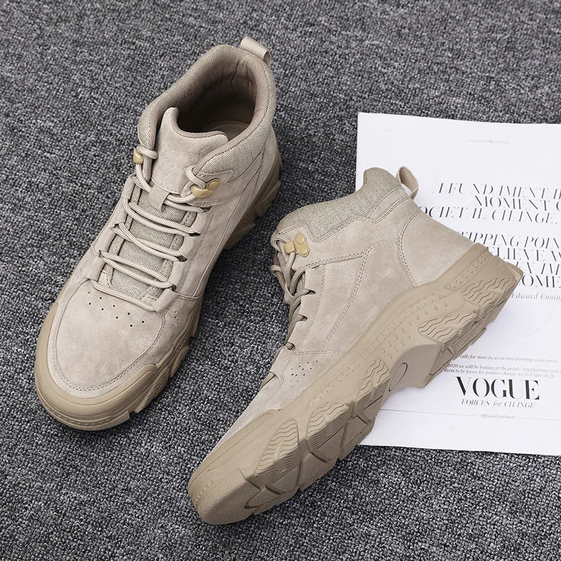 Suede Leather Ankle Boots for Men Hand High-top Hiking Shoes Outdoor Non-slip Male Motocross Boots Versatile Leisure Walk Botas