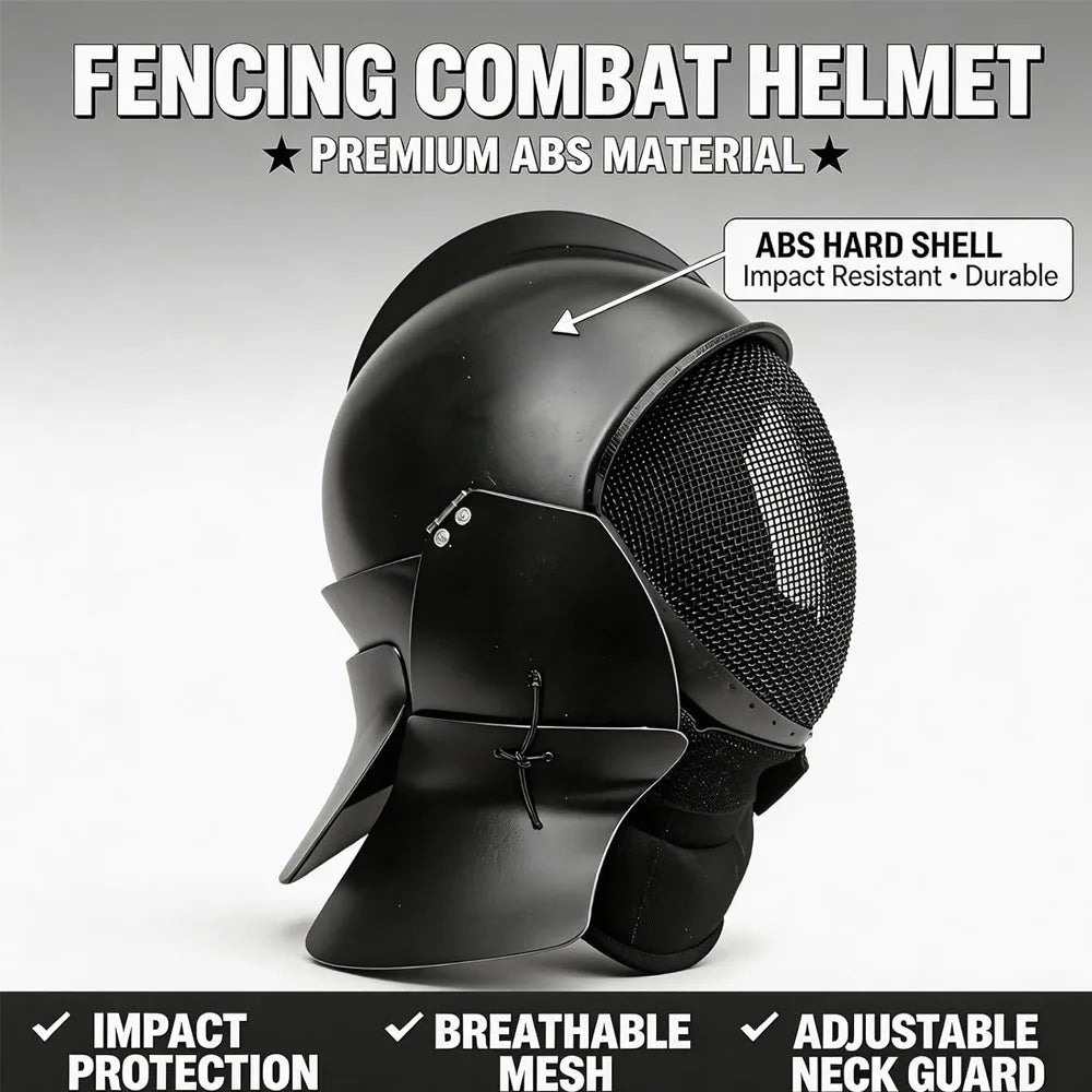 Tactical Fencing Helmet with Steel Wire Mesh Visor Adjustable Neck Protection for Medieval Combat Training SCA Reenactment