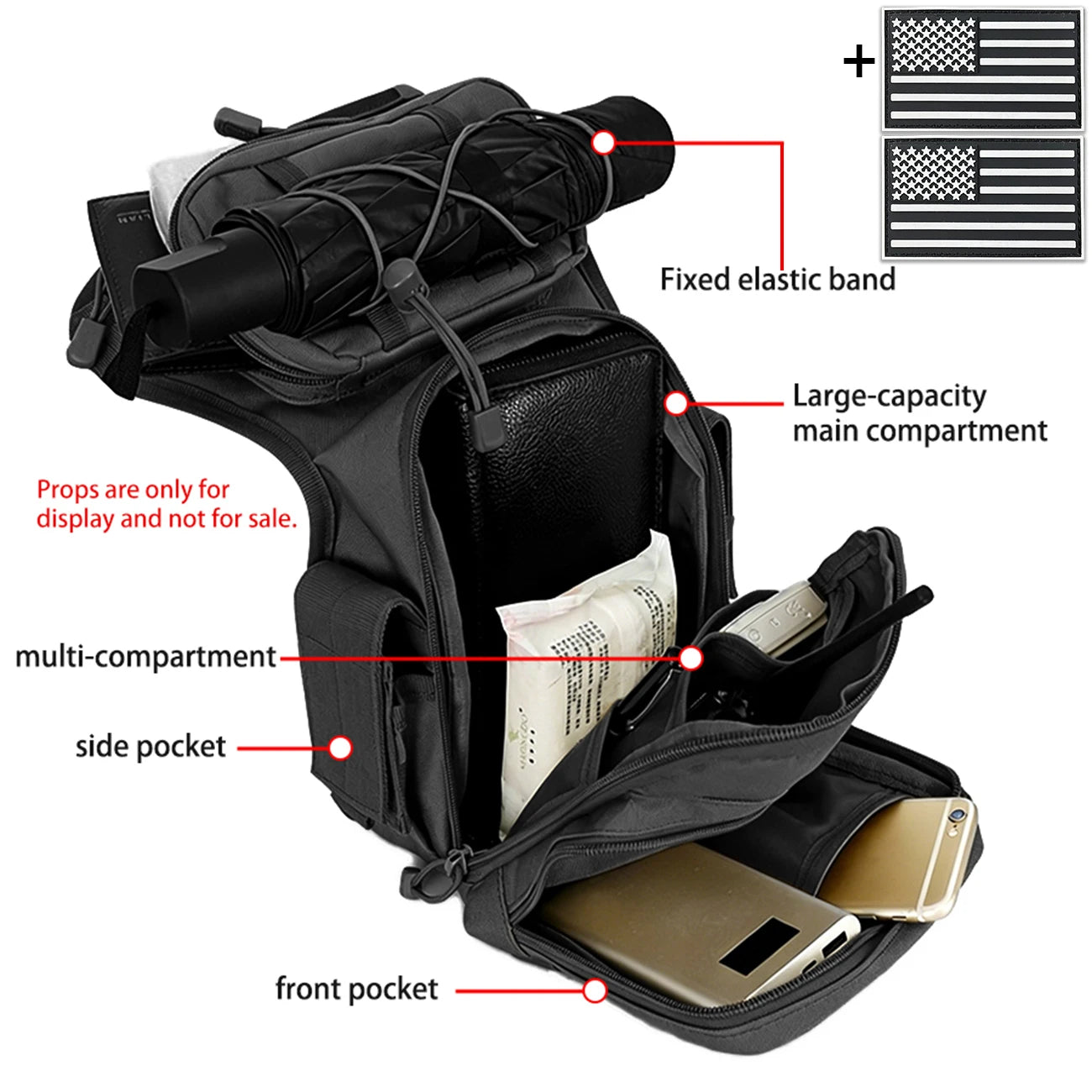 Multi functional quick release leg bag, storage bag, layered storage, waist and leg strap fixation, elastic strap
