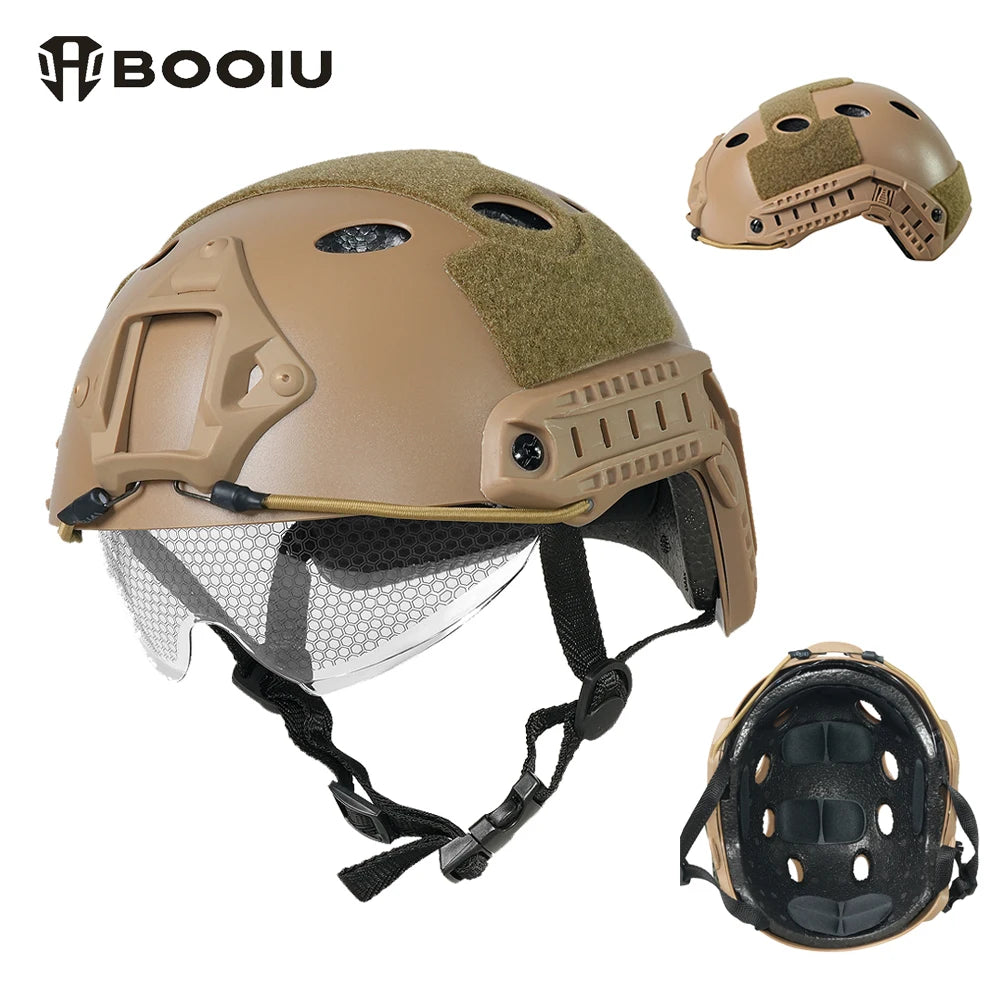 BOOIU Tactical FAST Helmet With Protective Gear Goggle MH PJ ABS Up and Down Flip Goggle Helmet Airsoft Shooting Hunting Helmet