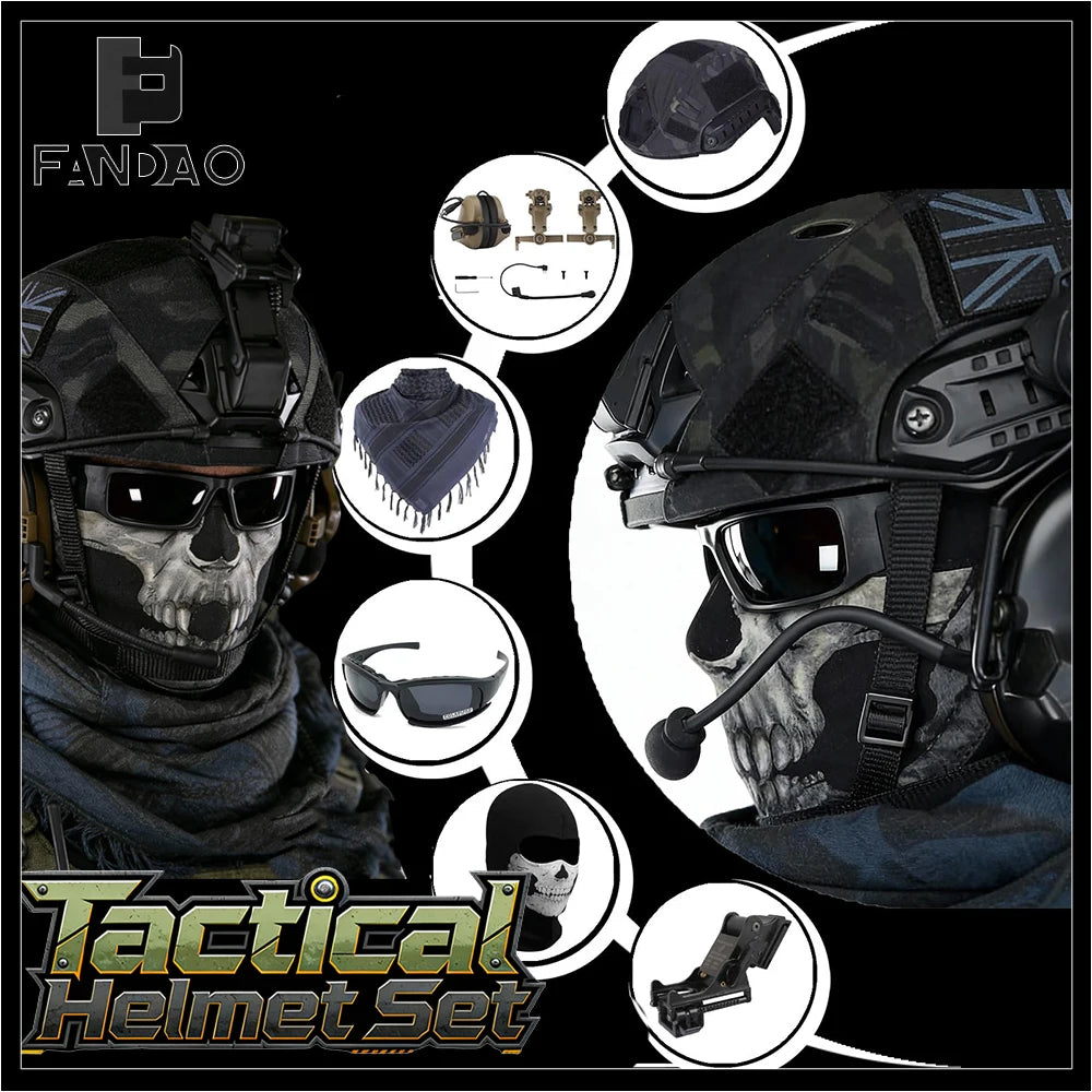Tactical Helmet Set Airsoft Fast Protection Helmet 7-in-1 Set with Headphones PVS-14 NVG Bracket Glasses for Outdoor CS Cosplay