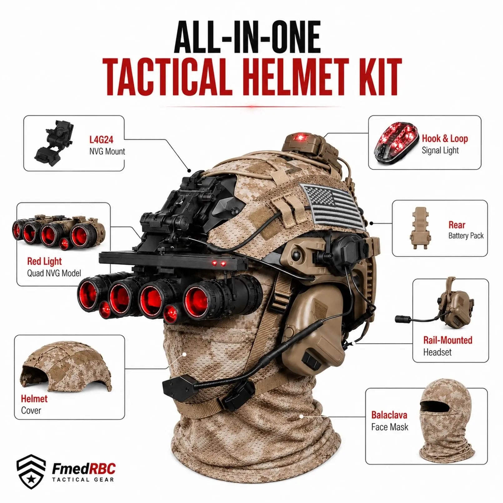 Tactical Airsoft Helmet Kit with Quad NVG Model Red Green Light Cover Headset Strobe for Paintball CS Cosplay