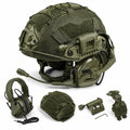 Tactical Helmet Set with Comms Headset Mesh Cover Detachable Boom Mic Counterweight Pouch for Airsoft, Paintball, Cosplay