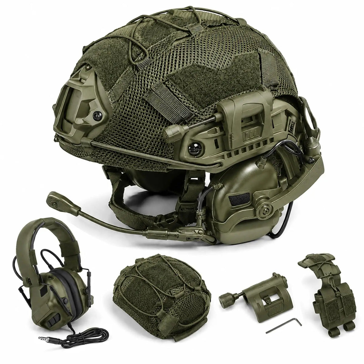 Tactical Helmet Set with Comms Headset Mesh Cover Detachable Boom Mic Counterweight Pouch for Airsoft, Paintball, Cosplay