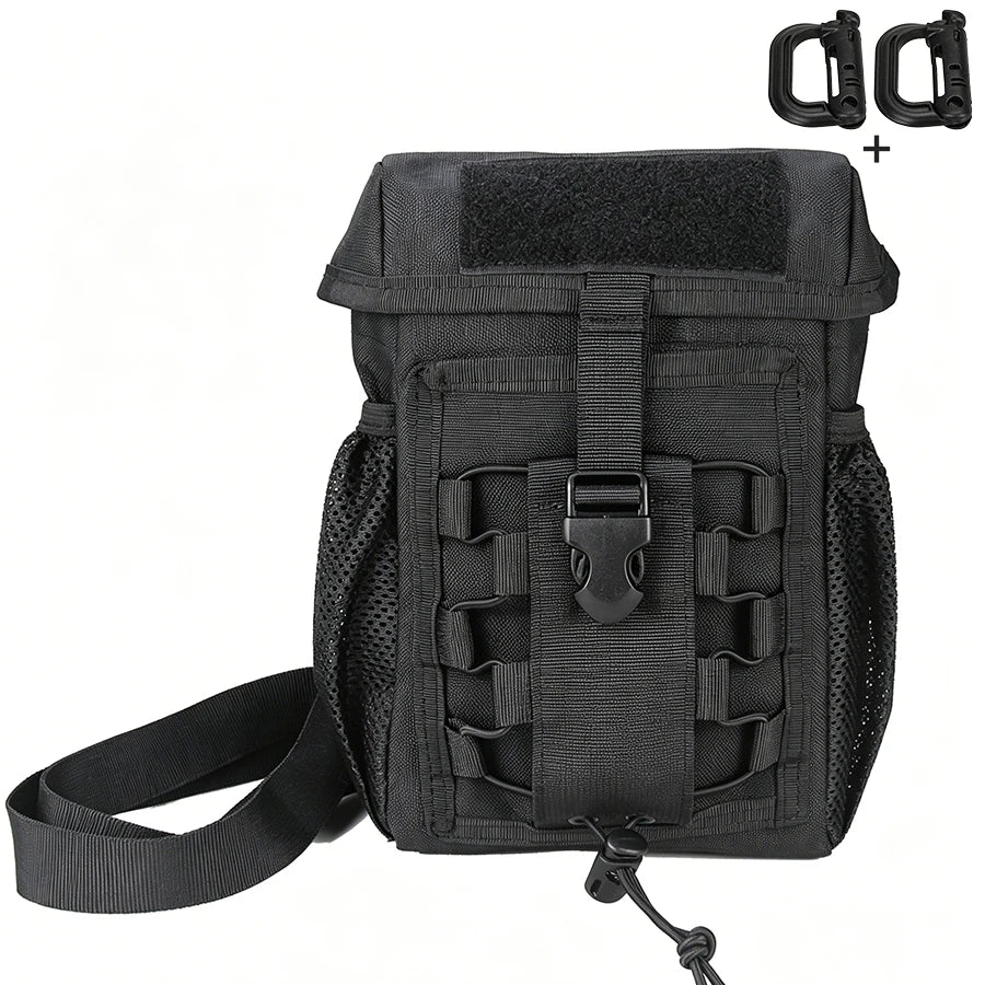 Outdoor equipment storage bag with multiple compartments and tools, comes with side mesh pockets and adjustable shoulder straps