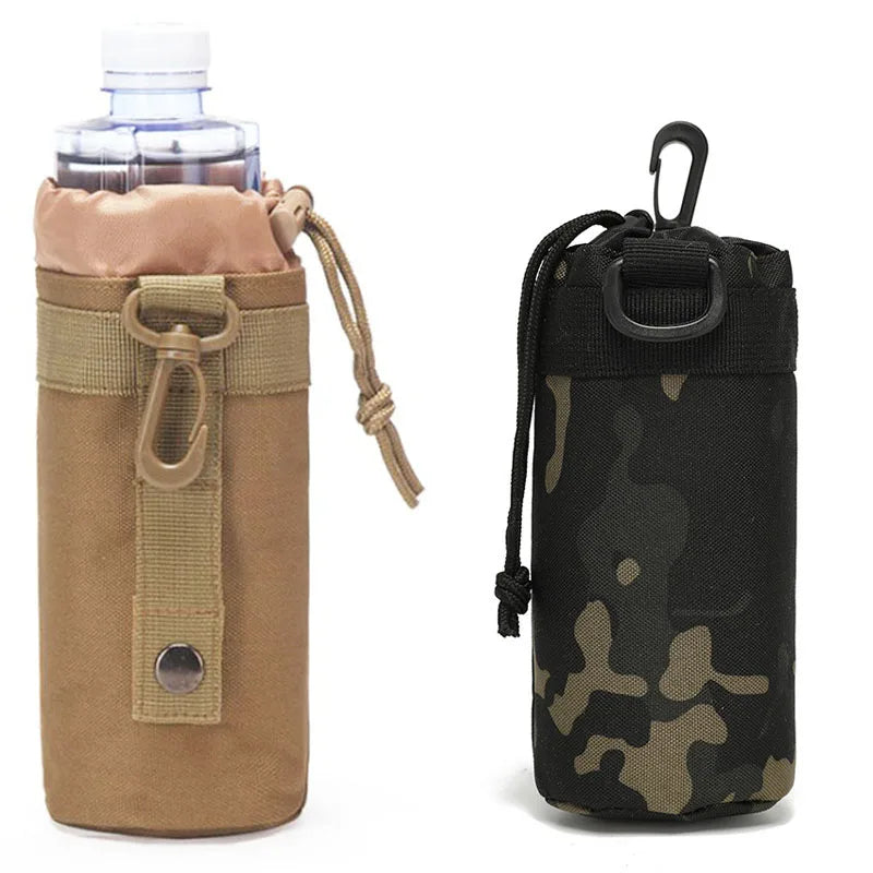 Outdoor Water Bottle Pouch Tactical Camouflage Molle Kettle Pouch Holder Hiking Hunting Pulling Rope Multi functional Bottle Bag