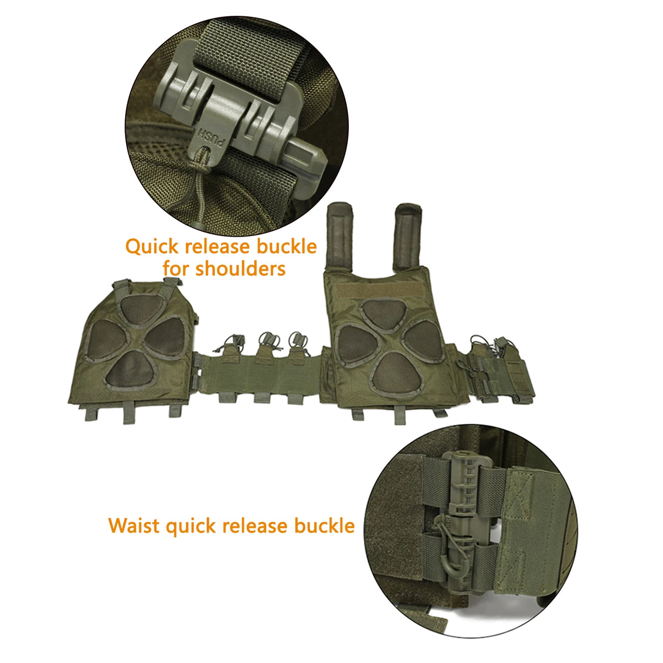 Molle quick release hunting vest with adjustable shoulder straps and waist circumference, equipped with multiple device bags