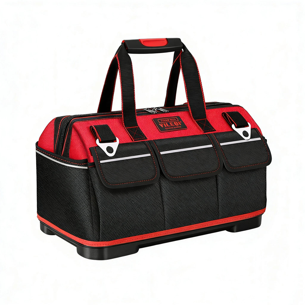 A Red Electrician'S Tool Bag Available in 17-Inch, 19-Inch, And 23-Inch Sizes, Featuring a Large Pocket Made of Canvas And Oxford Cloth, Designed for Heavy-Duty Use. It'S Suitable for Electricians, Home Improvement, Fishing, And Various Repair Tasks