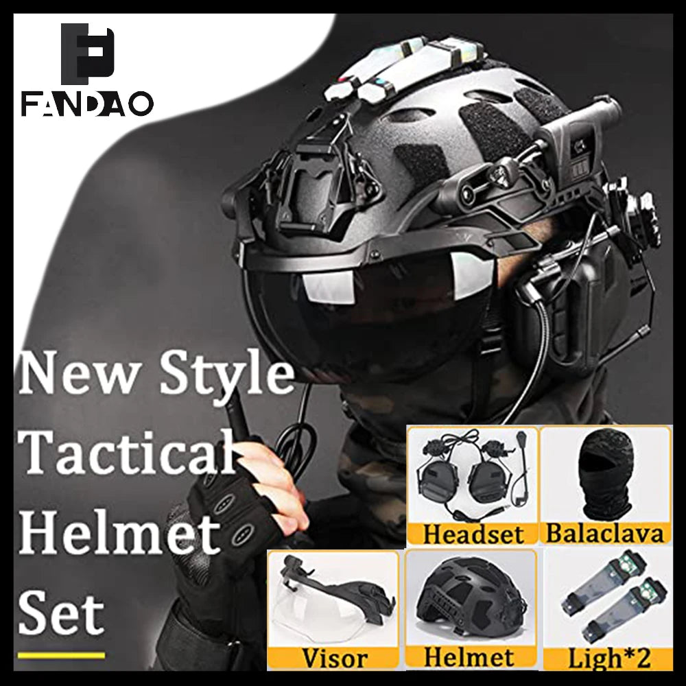 Tactical Helmet Set Fast Protective Equipment with Visor Headset Signal Lamp Balaclava for Outdoor Airsoft Paintball Shooting
