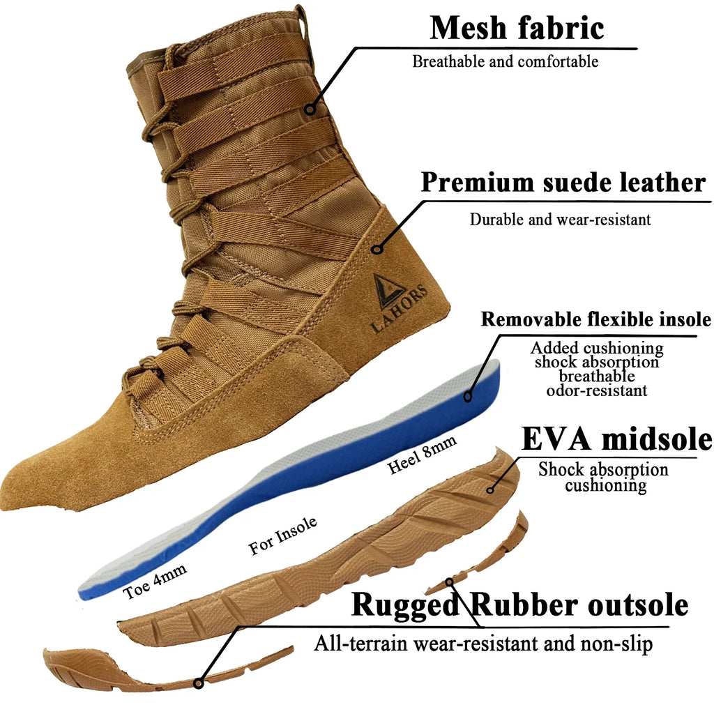 LAHORS® Lightweight Suede Leather Tactical Combat Boot Men Outdoor Hiking Desert Army Shoes Breathable Male Ankle Boots Man made