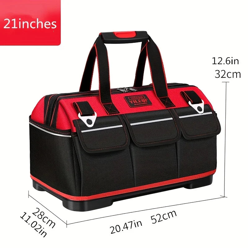 A Red Electrician'S Tool Bag Available in 17-Inch, 19-Inch, And 23-Inch Sizes, Featuring a Large Pocket Made of Canvas And Oxford Cloth, Designed for Heavy-Duty Use. It'S Suitable for Electricians, Home Improvement, Fishing, And Various Repair Tasks