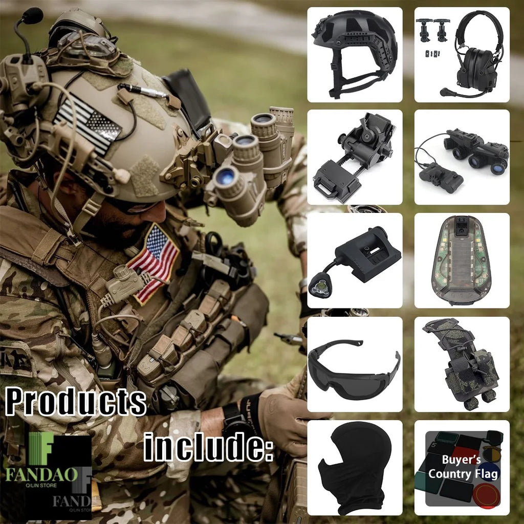 Airsoft Paintball Helmet Tactical Set, GPNVG-18 L4G24 NVG Mount,Communication Headset,Lighting,Wind Goggles for Outdoor Hunting