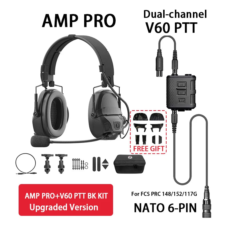 2026 AMP PRO Tactical Headset V60 PTT Multiple Functions Two Communication Channels 6-PIN for PRC148 152 Radios