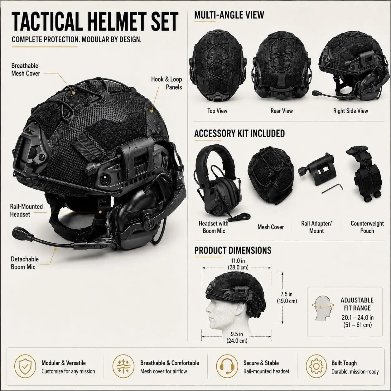 Tactical Helmet Set with Headset Mesh Cover Boom Mic Counterweight Pouch for Airsoft Paintball Cosplay