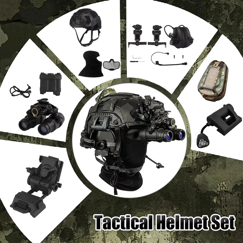 Tactical FAST Helmet Set with NVG Model Headset & Signal Light Adjustable Airsoft Military Gear for Cosplay Shooting Hunting