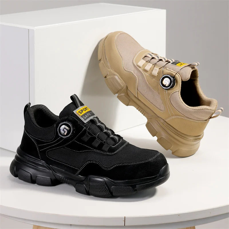 New 2025 Rotating Button Work Shoes Safety Sneakers Breathable Summer Male Boots Lightweight Indestructible Steel Toe Footwear