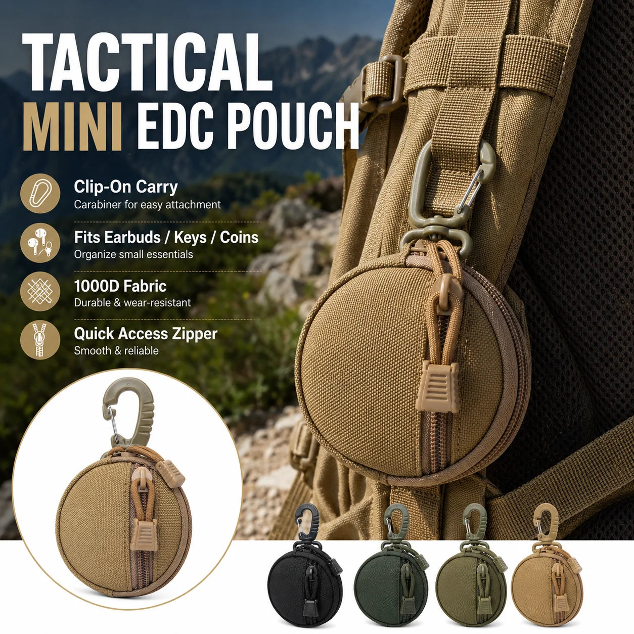 1000D Tactical Mini Round  Pouch Zipper Utility Bag with Carabiner Clip for Earbuds Keys Coins Outdoor Camping Gear Tool