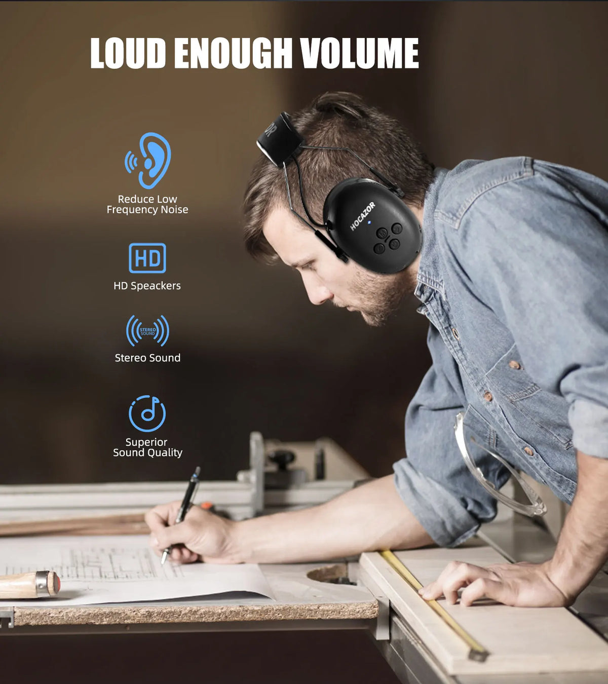 HOCAZOR Electronic Hearing Protection Bluetooth 5.3 Music Headphones for Mowing Noise Cancelling Earmuffs Security Protecter