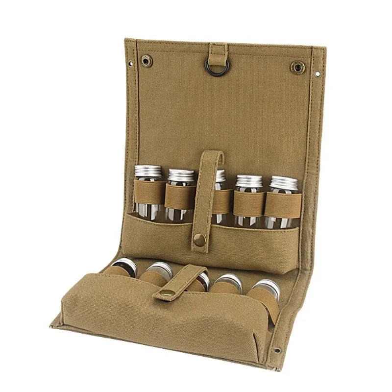 Portable Canvas Spice Storage Bag 10Pcs Seasoning Bottles Outdoor Camping BBQ Travel Condiment Container Organizer Kit