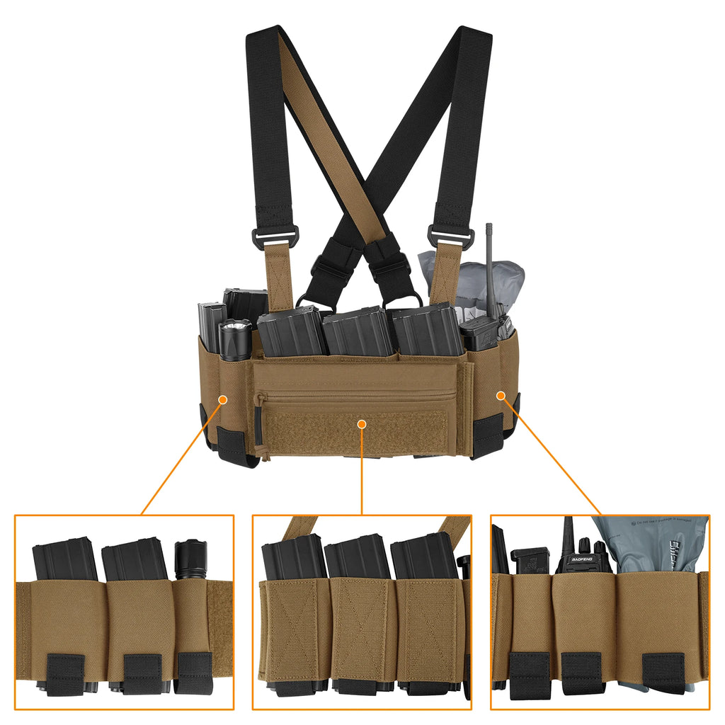 KRYDEX Tactical Nylon Chest Rig Elastic Cummerbund with 5.56/7.62 & Pistol Mag Pouch Holders,X Harness,Sticky GP Pouch