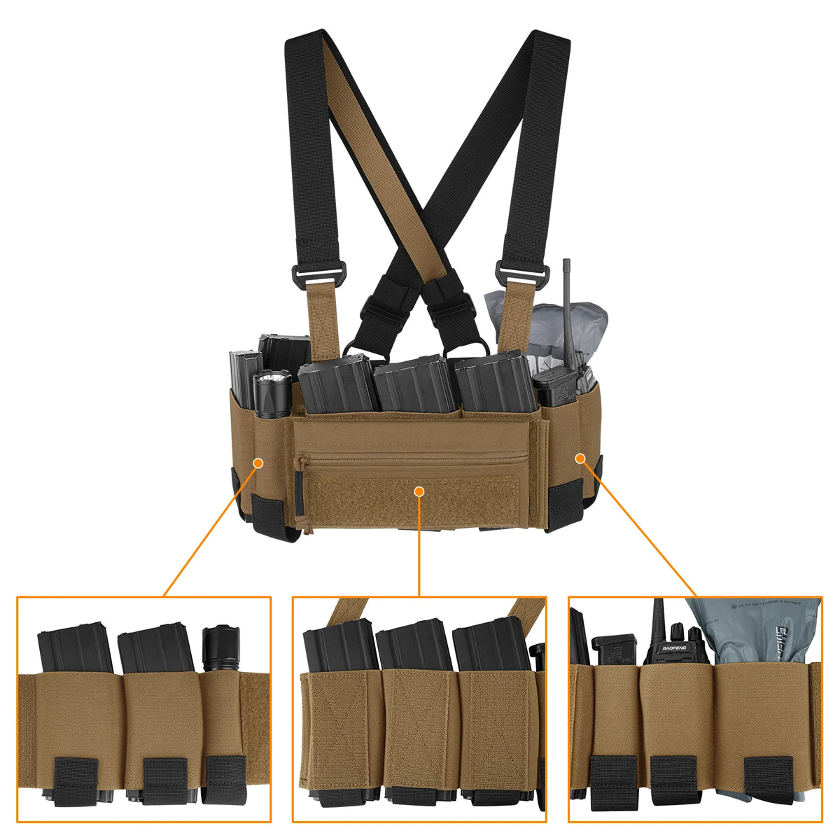KRYDEX Tactical Nylon Chest Rig Elastic Cummerbund with 5.56/7.62 & Pistol Mag Pouch Holders,X Harness,Sticky GP Pouch