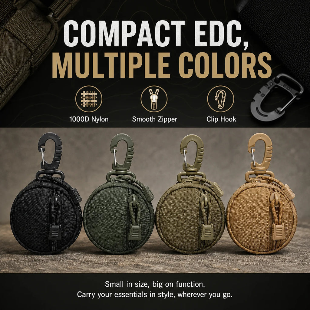 1000D Tactical Mini Round  Pouch Zipper Utility Bag with Carabiner Clip for Earbuds Keys Coins Outdoor Camping Gear Tool