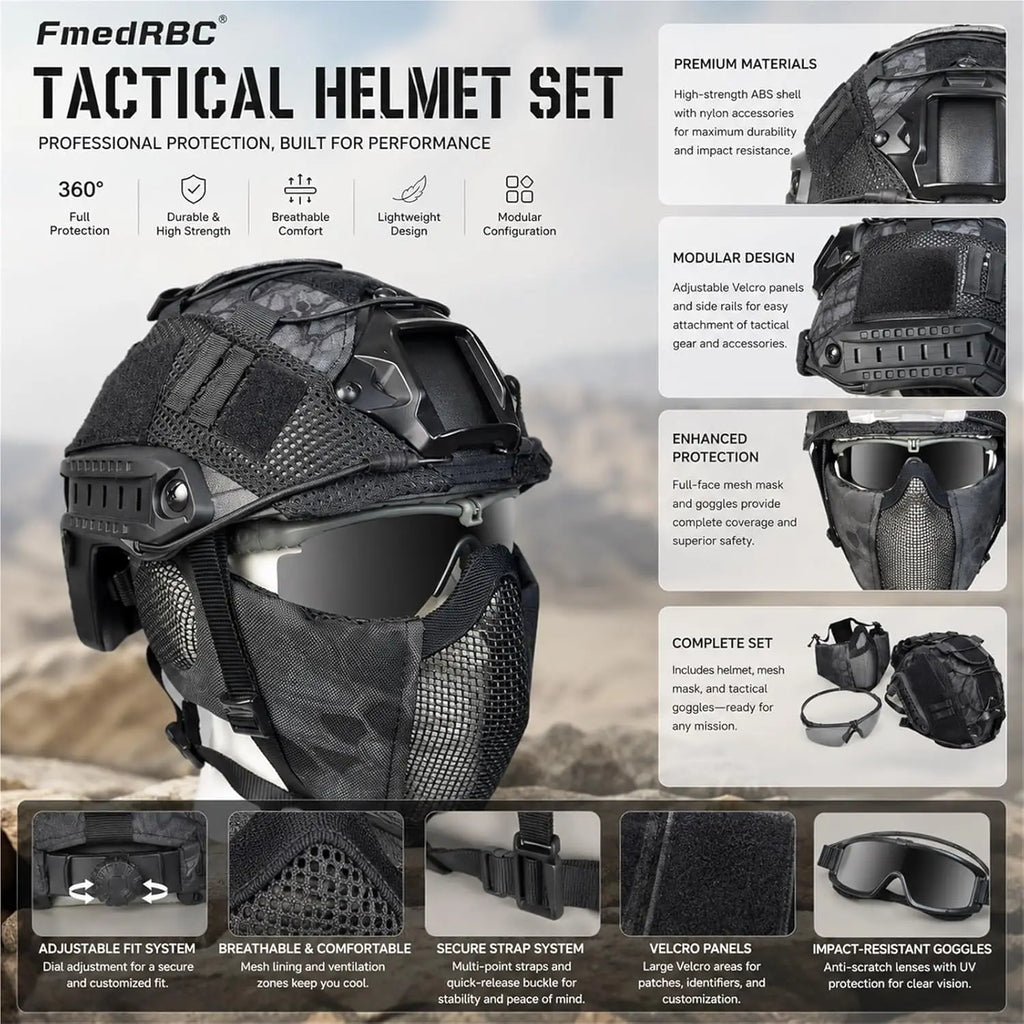 Tactical Airsoft Helmet Set with Mesh Mask Goggles Helmet Cover Rear Battery Pouch with for Paintball Hunting Military Training