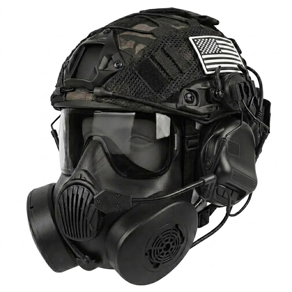 Tactical Helmet Set Full Face Mask with Anti-fog Fan ZL4 Protective Airsoft Mask Communication Headset Gear Kit for Paintball