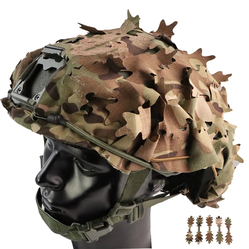 Tactical 3D Laser Cut Leaf Shape Helmet Cover Airsoft FAST Helmet Camouflage Drawstring Cloth Cover Outdoor Hunting Accessories