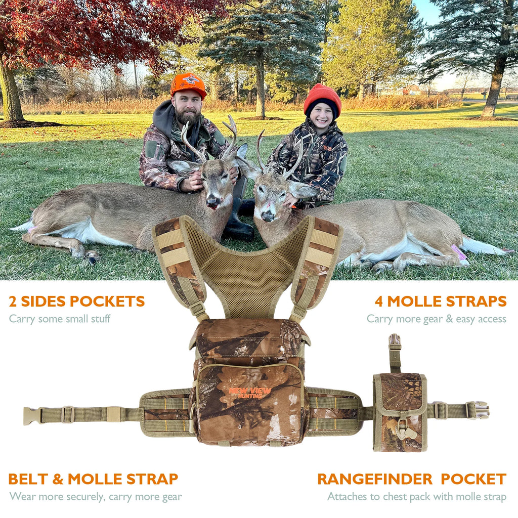 NEW VIEW Quiet Binocular Harness Chest Pack with Detachable Rangefinder Pouch, Adjustable Bino Harness & Rain Cover
