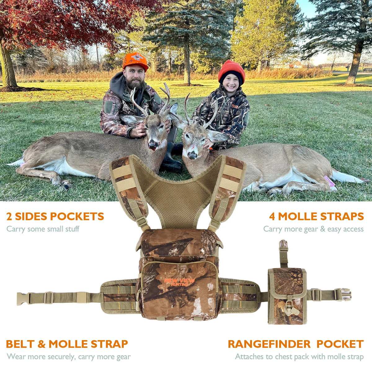 NEW VIEW Quiet Binocular Harness Chest Pack with Detachable Rangefinder Pouch, Adjustable Bino Harness & Rain Cover